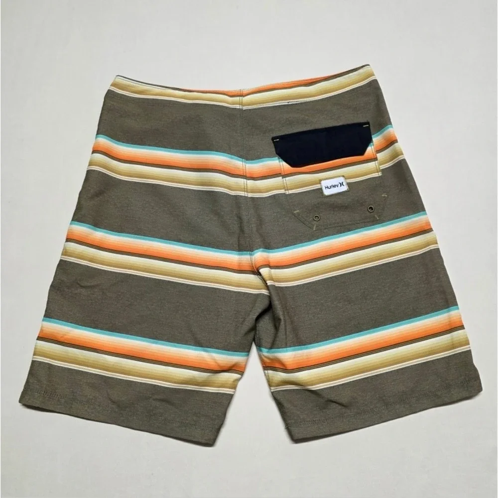 Hurley Mens Board Shorts Size 32 Olive Green Striped Surf Swim Trunks Drawstring